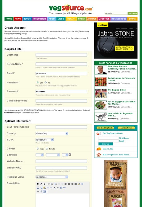 VegSource.com User Registration Page